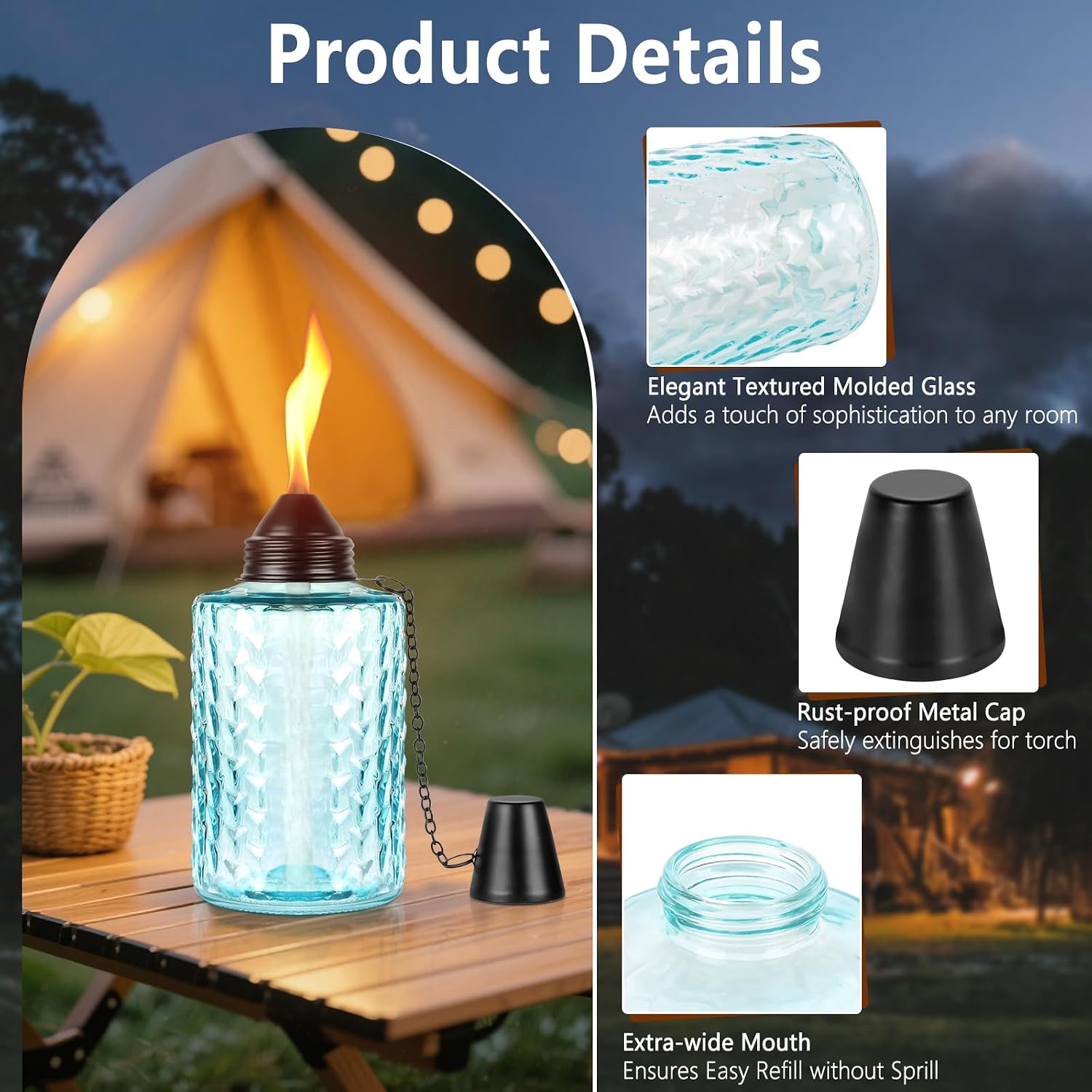 KintKita Table Citronella Torches 4 Pack, 12oz Glass Table Top Torches for Outside Lighting, Outdoor Torch Canisters Includes Wick & Cap for Yard,Patio & Backyard Parties Décor (Multi-Color)