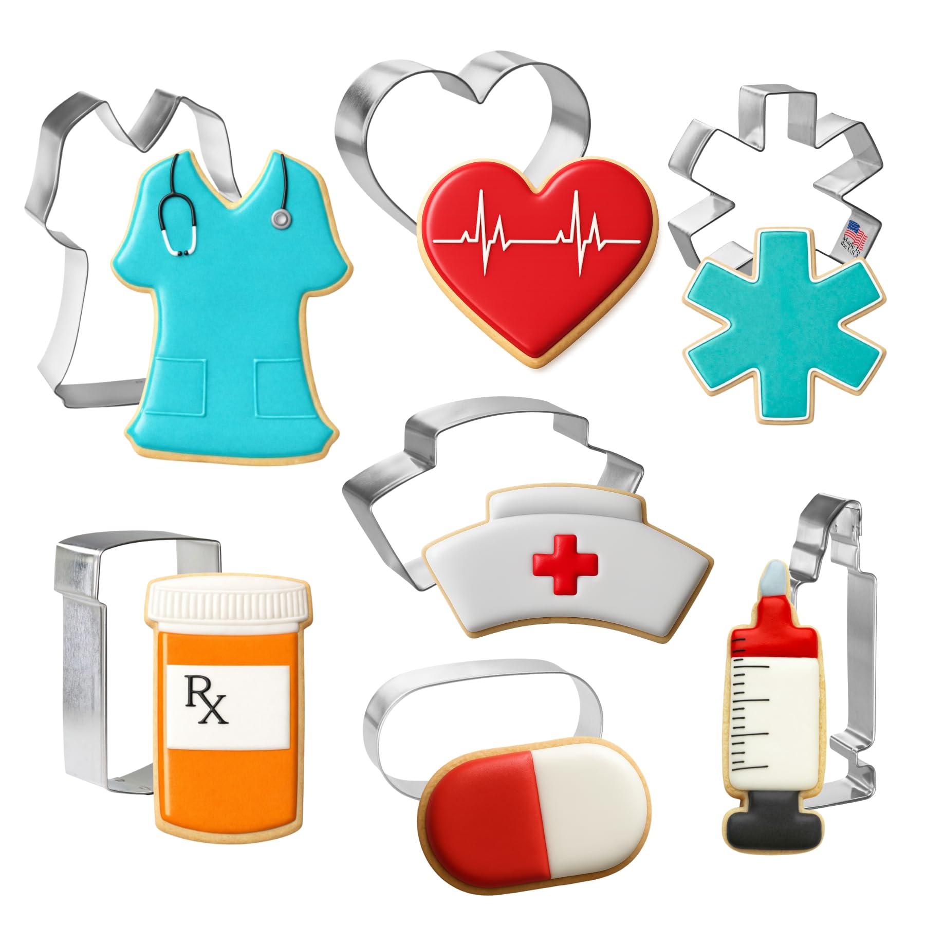 Foose Cookie Cutter 7 Piece Nurse Themed Cookie Cutter Set with Recipe Card, Made in USA
