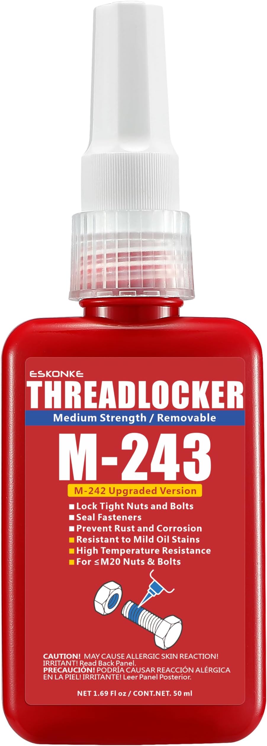 Blue Thread Locker 243 Nuts & Bolts Locker Medium Strength Removable 1.69 Fl oz/50 ml Threadlocker Lock Tight & Seal Fasteners Anaerobic Curing Metal Glue (243)
