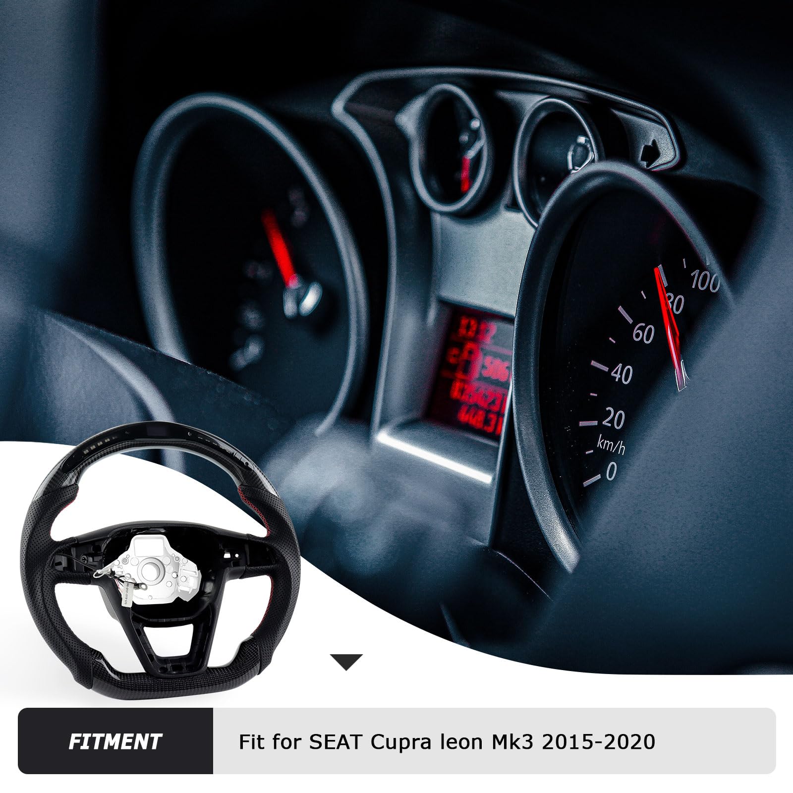 Volante de fibra de carbono, volante de cuero en forma de D, parte inferior plana, indicador de cambio LED, mango de cuero perforado para Seat Cupra Leon MK3 2013-2019