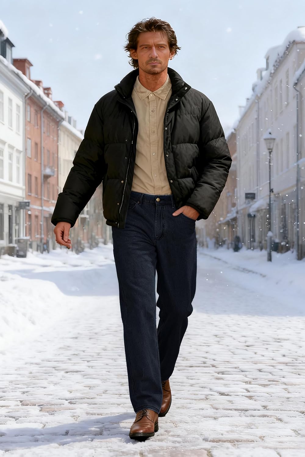 Soojun Mens Elastic Waist Fleece Lined Jeans Relaxed Fit with Zipper and Button - Image 3