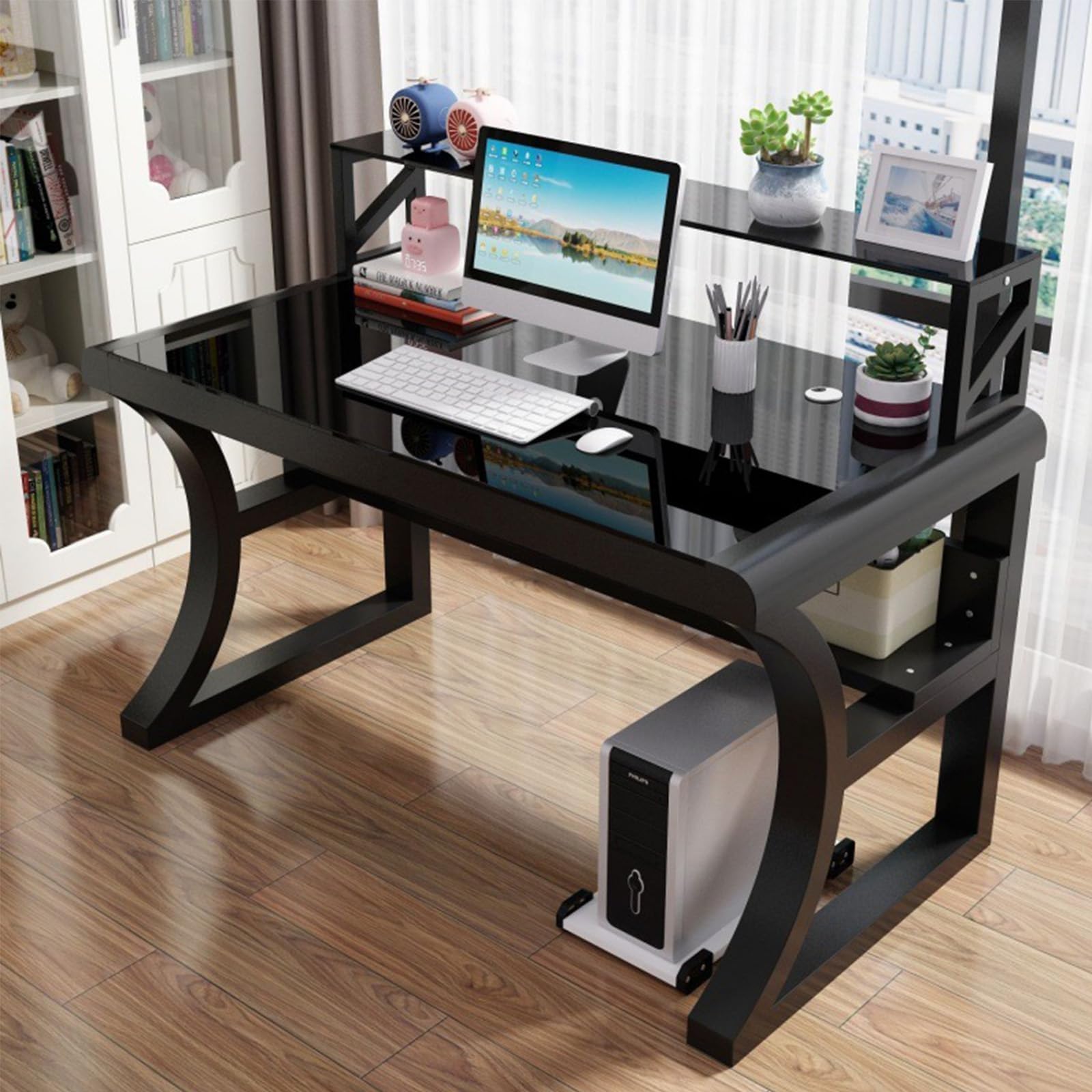 Tempered Glass Computer Desk, Large Office Desk with Storage Shelves, Modern Simple Gaming Table with Metal Frame, Writing Study Desk for Home Office Workstation(80cm/31inch, C)