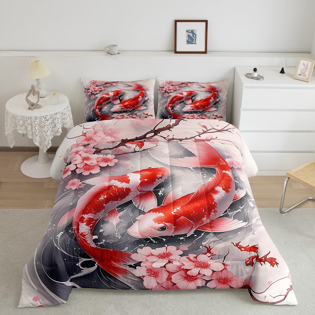 Feelyou Kids Japanese Koi Fish Comforter Set Twin Size Cherry Blossoms Bedding Set Boys Girls Japanese Style Comforter Sakura Flower Floral Botanical Spring Quilt Set