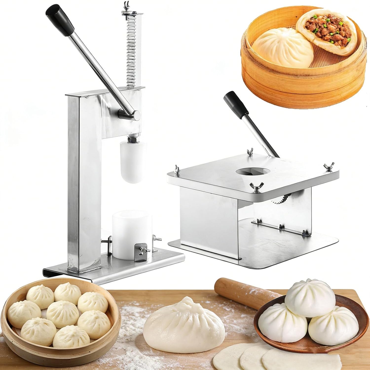 Baozi Maker, Semi-Automatic Bun Making Machine, Stainless Steel Steamed Stuffed Cooking Tool Sets, Manual Bun Making Machine, for Home and Commercial largemold