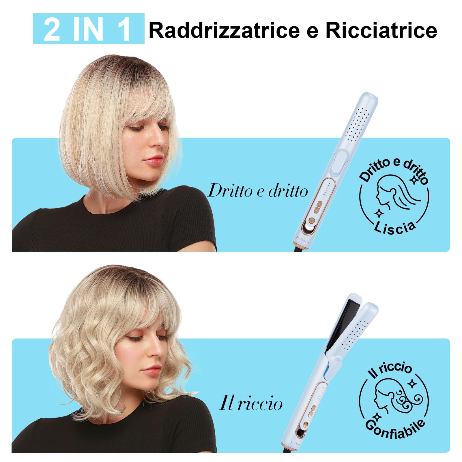 Piastra Capelli con Aria Fredda & ionica, 5 Temp. 140–220 °C | Piastra arricciacapelli 2-in-1, corpo termoprotetto, piastre ceramica tourmalina, 110-240V, cavo 2 m, cavo girevole a 360°