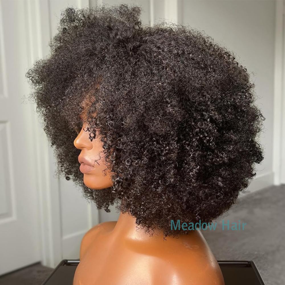 Afro Kinky Curly Wig Human Hair With Bangs Brazilian Virgin Human Hair Bang Wigs Glueless O Scalp Top Wig Short Curly Wigs For Black Women 200 Dnesity 12Inch
