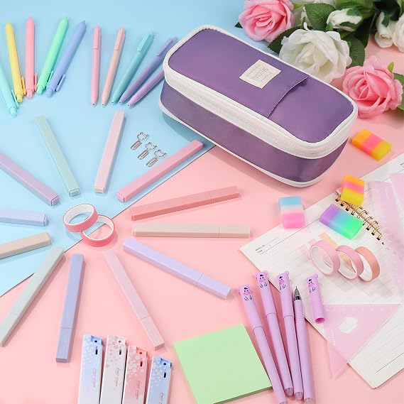 82pcs Aesthetic School Supplies Stationery Set with Pencil Case,Pastel Highlighters Gel Pens Mechanical Pencils,Essentials Stationary Set for Students Back to School Supplies（Purple）