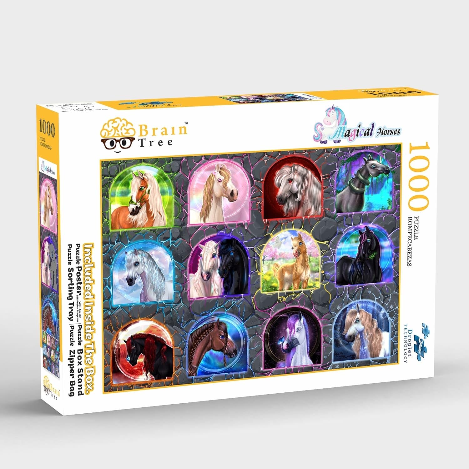 Brain Tree - Magical Horses 1000 Piece Puzzles for for Adults And Kids 12+ Unique Puzzles for Adults And Kids 1000 Pieces with With 4 Puzzle Sorting Trays And Droplet Technology for Anti Glare & Soft Touch - 27.5”Lx19.5”W