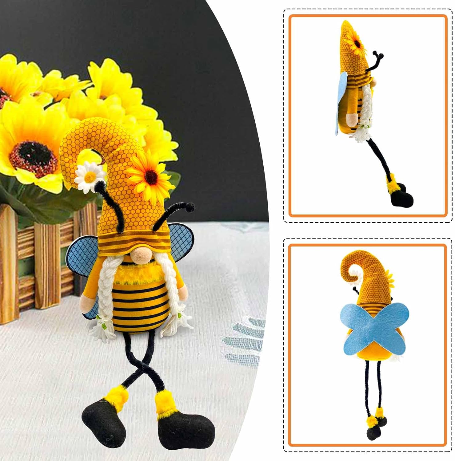 Lovinland Spring Decorations for Home, Office, Indoor - Yellow Honey Bumble Bee Sunflower Plush Gnomes Doll - Summer Gnome Gifts for Women - Bee Stuffed Sitters for Shelf Decor (Spring-Bee) - Image 4