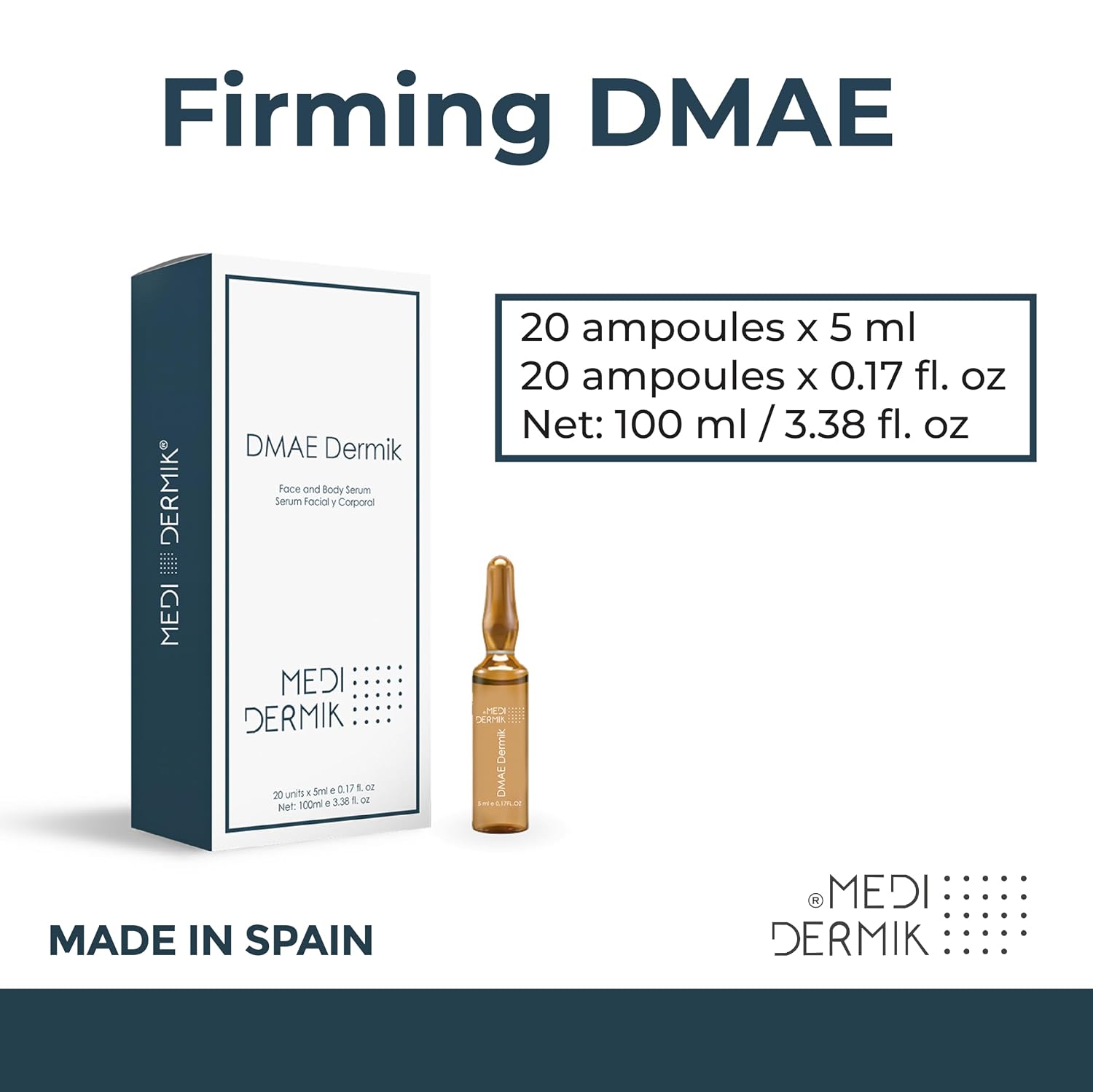 MEDIDERMIK FIRMING DMAE. DMAE Dermik helps improve the appearance of photo aged skin especially when flaccidity is present. 20 ampoules x 5 ml / 20 ampoules x 0,17 fl. oz