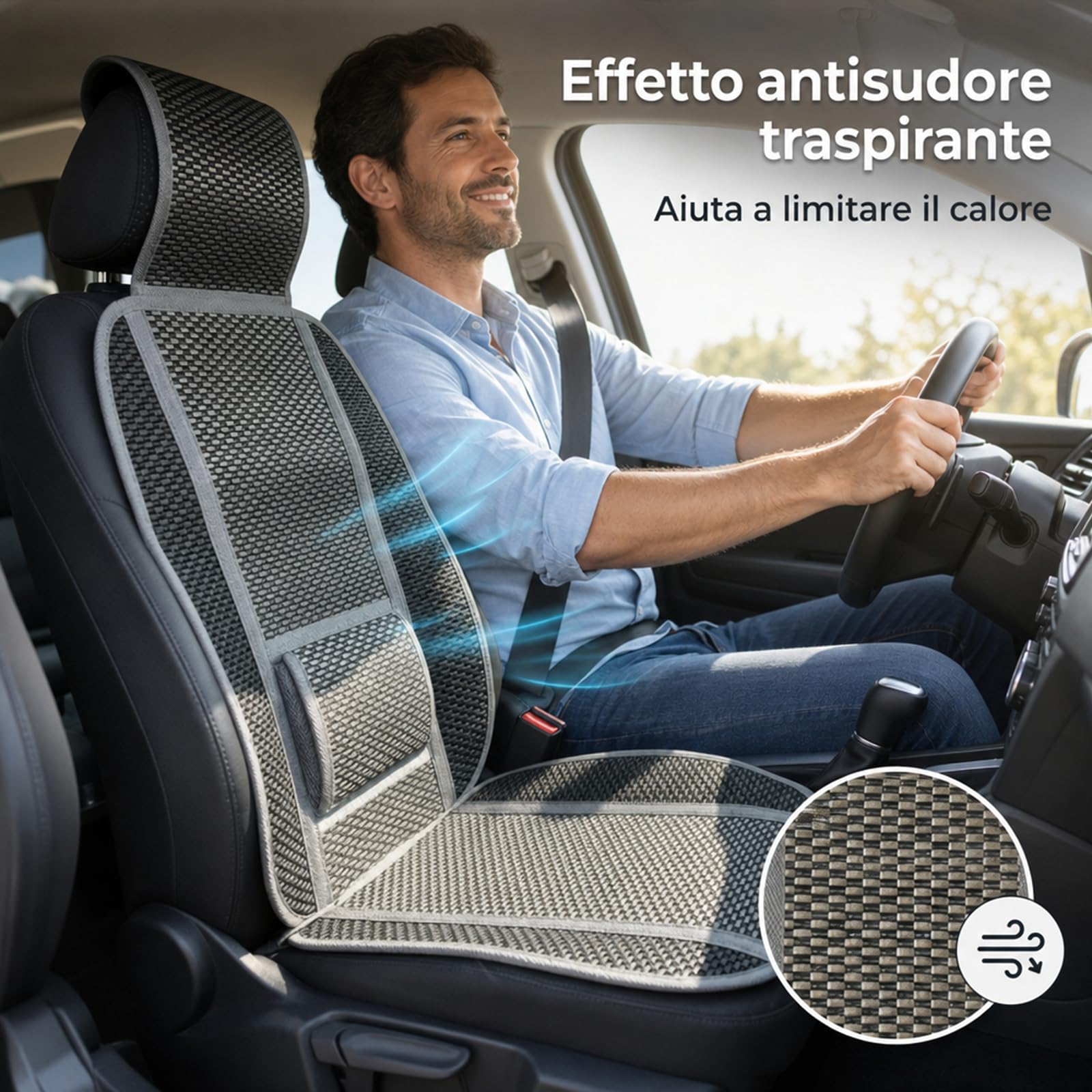 BOOST Coprisedile Auto Estivo in Bambù Naturale, Copri Sedile Antisudore Traspirante con Supporto Lombare Integrato, Schienale Universale Fresco per Auto (Grigio, Singola)
