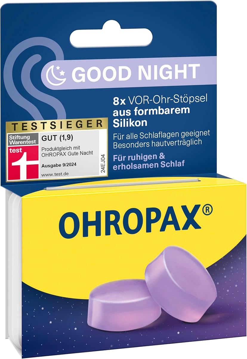 OHROPAX Good Night Silikon-Ohrstöpsel zum Schlafen – SNR 23 dB Gehörschutz, Vor-Ohr-Stöpsel für Seitenschläfer, 8 St. mit Aufbewahrungsbox