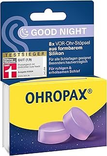OHROPAX Good Night Ohrstöpsel – VOR-Ohr-Stöpsel aus formbarem Silikon – für alle Ohren und alle Schlafpositionen geeignet – Schalldämmwert SNR 23 dB – für einen ruhigen und erholsamen Schlaf – 8 Stück