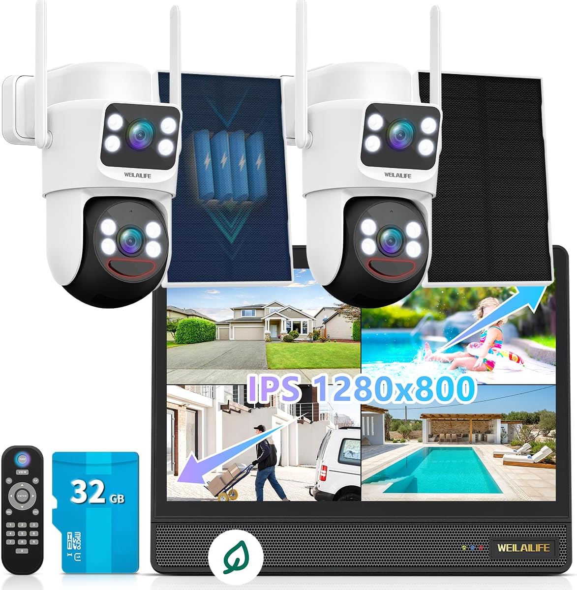 WEILAILIFE 【All-in-One Security System】 Security Cameras Wireless Outdoor, Solar-Powered PTZ Security Camera System, WiFi Home Video Surveillance Systems DVR Kits