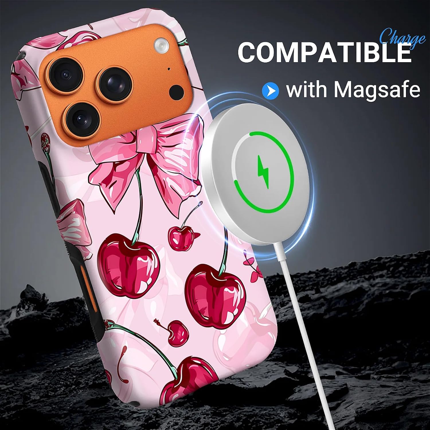 for iPhone 17 Pro Max 18 Pro Max Compatible with Magsafe Full Body Case Screen Lens Protection Magnetic Ring for Girl Boy Cute Pattern Pink Bow Cherry Print Cute Cartoon image 2