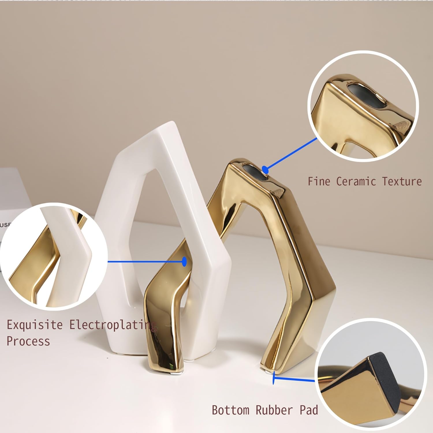 White and Gold Vase Set of 2, Modern Geometric Abstract Ceramic Flower Vase for Centerpieces, TV Stand Decor, Ideal Housewarming or Wedding Gift