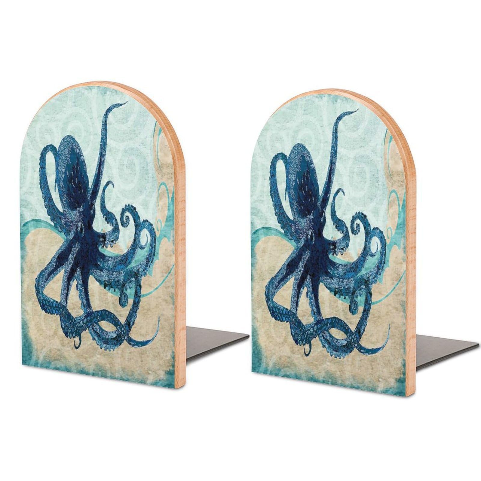 Octopus Blue Watercolor Ocean Beech Wood Bookends Heavy Duty Book Organizers Desktop File Holder for Office Home Bookshelf
