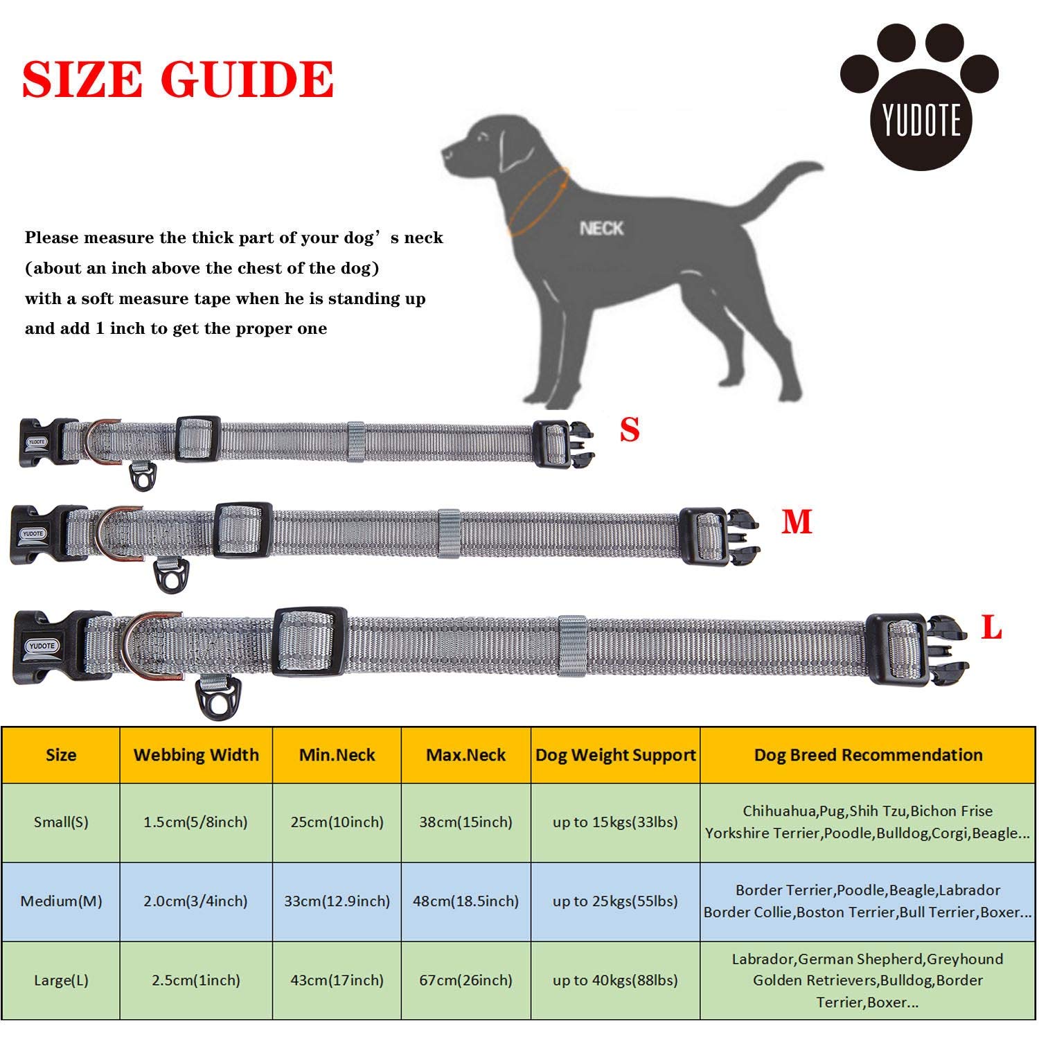 YUDOTE Collare per cani medio e resistente tessuto in nylon riflettente con fodera imbottita in neoprene morbido e confortevole per cani di medio Uso quotidiano,Grigio