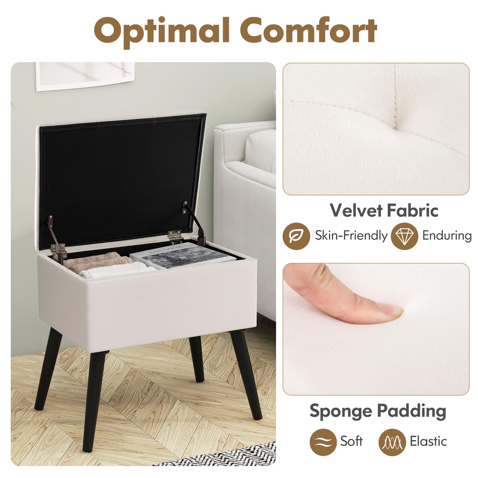 HOMASIS Puff Almacenaje, Baúl de Almacenaje Rectangular, con Asiento Acolchado Abatible, Taburete de Tocador de Terciopelo con Patas de Madera para Salón Dormitorio (Beige)