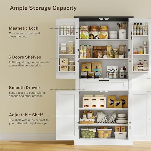 Vista 48 de usikey Armario de despensa de cocina de 72 pulgadas, armario alto de almacenamiento con 4 puertas y 1 cajón, armario independiente con 6 estantes