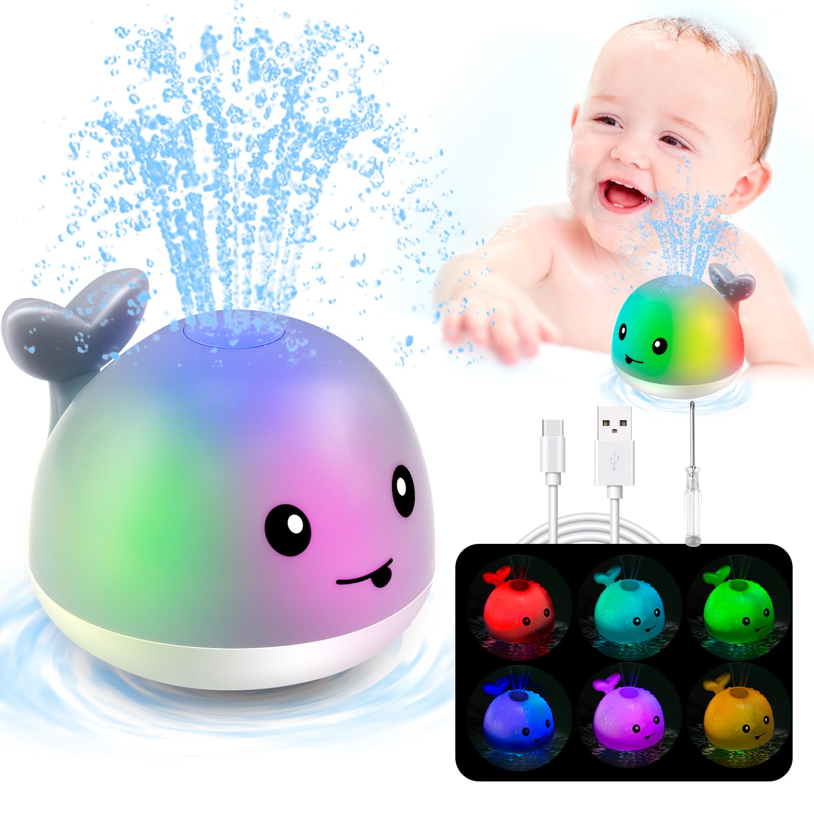 Baby Bath Toys Rechargeable Toddler Whale Bath Toys Sprinkler,Light up Baby Bath Toys for Kids 1 2 3 Water Pool Bathtub Toys ,Birthday for Boys and Girls for 6-12 ,12-18 Months