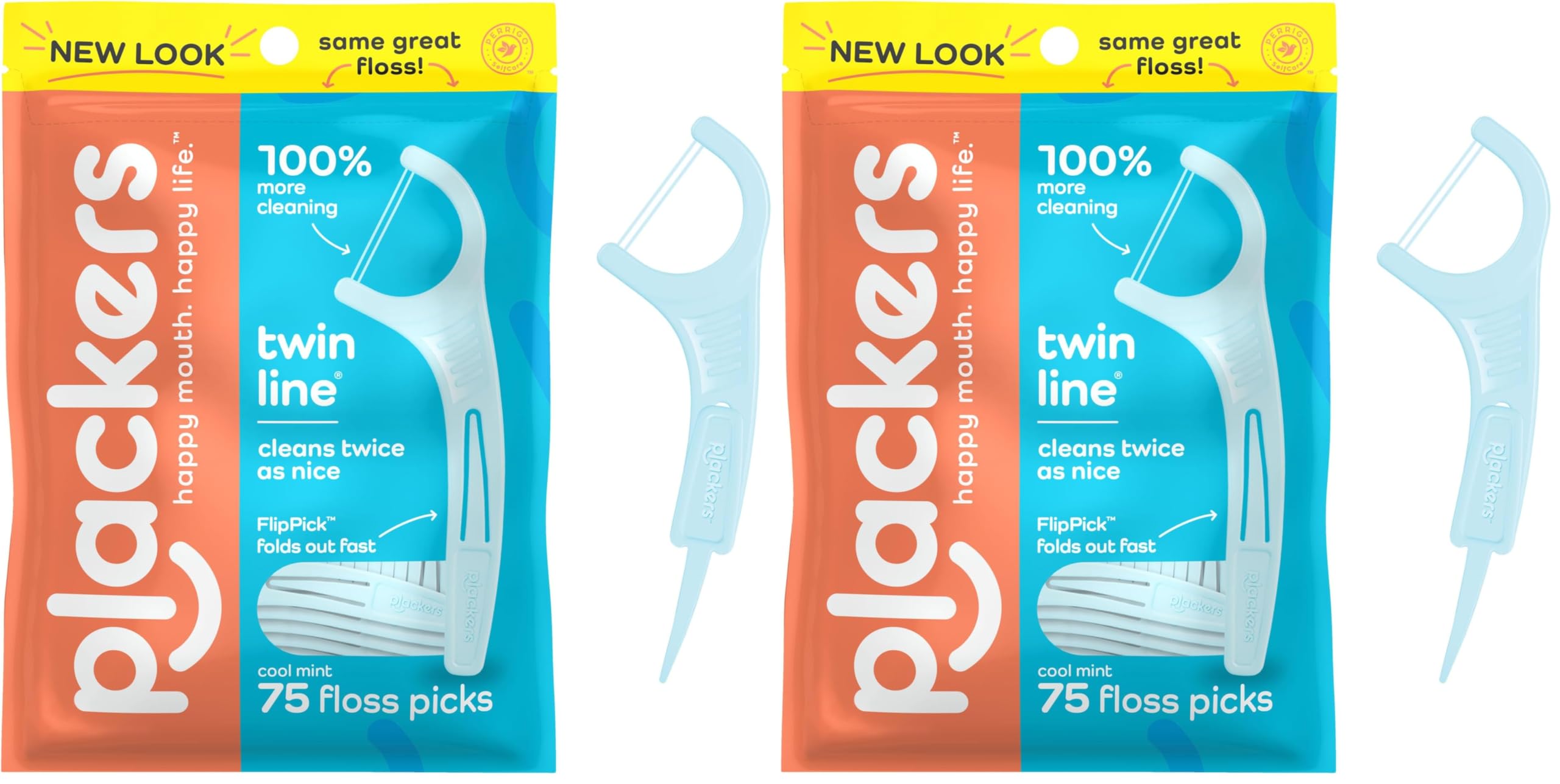Plackers Twin-Line Dental Flossers, Cool Mint Flavor, Dual Action Flossing System, Easy Storage, Super Tuffloss, 2X The Clean, 75 Count (Pack of 2)