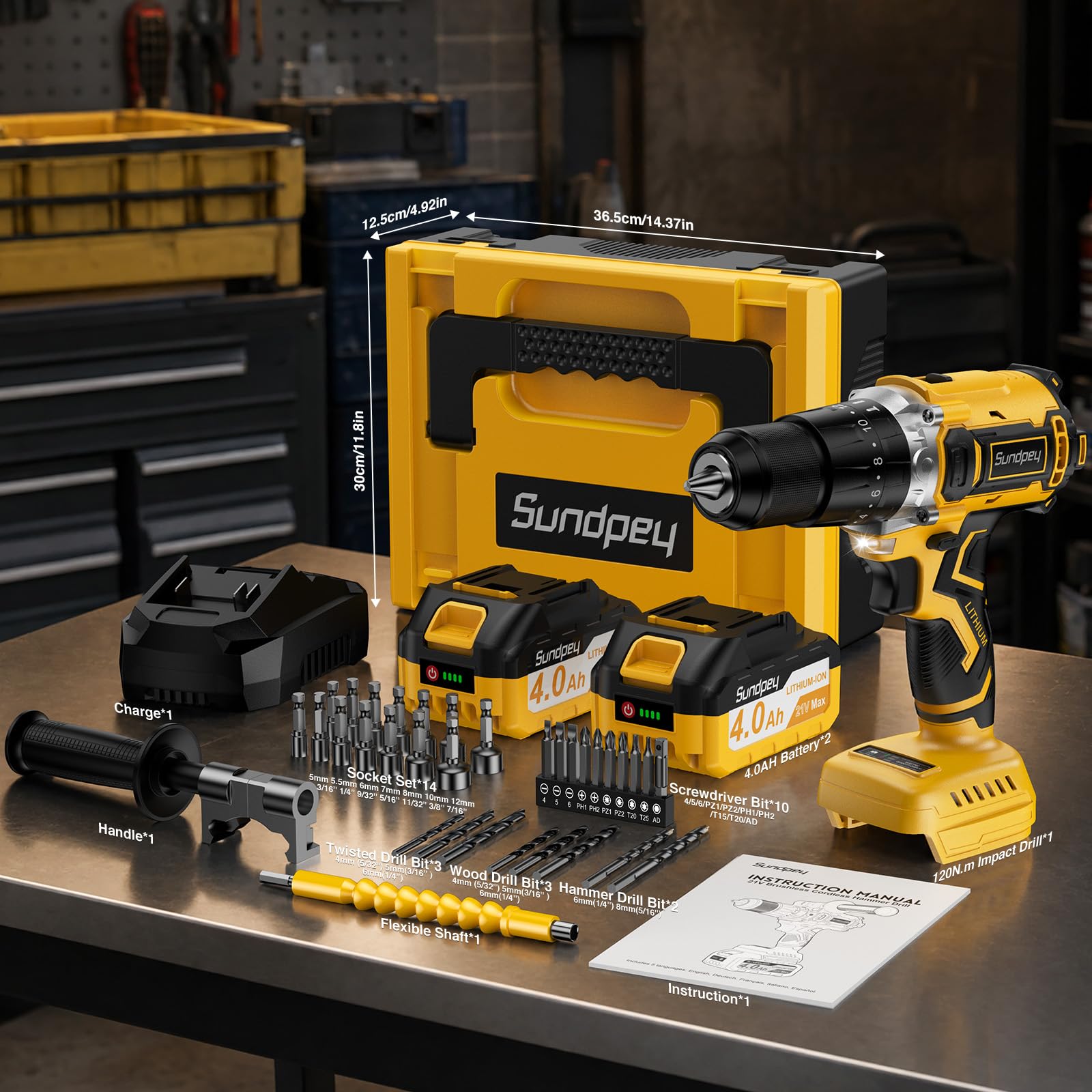 Sundpey Taladro Percutor Bateria 21V, Max 2150RPM Taladro Atornillador Batería Sin Escobillas con 2x4.0Ah Baterías, 20+3 Ajuste de Par Inalámbrico Atornillador Electrico, 13mm Portabrocas, 2 Velocidad