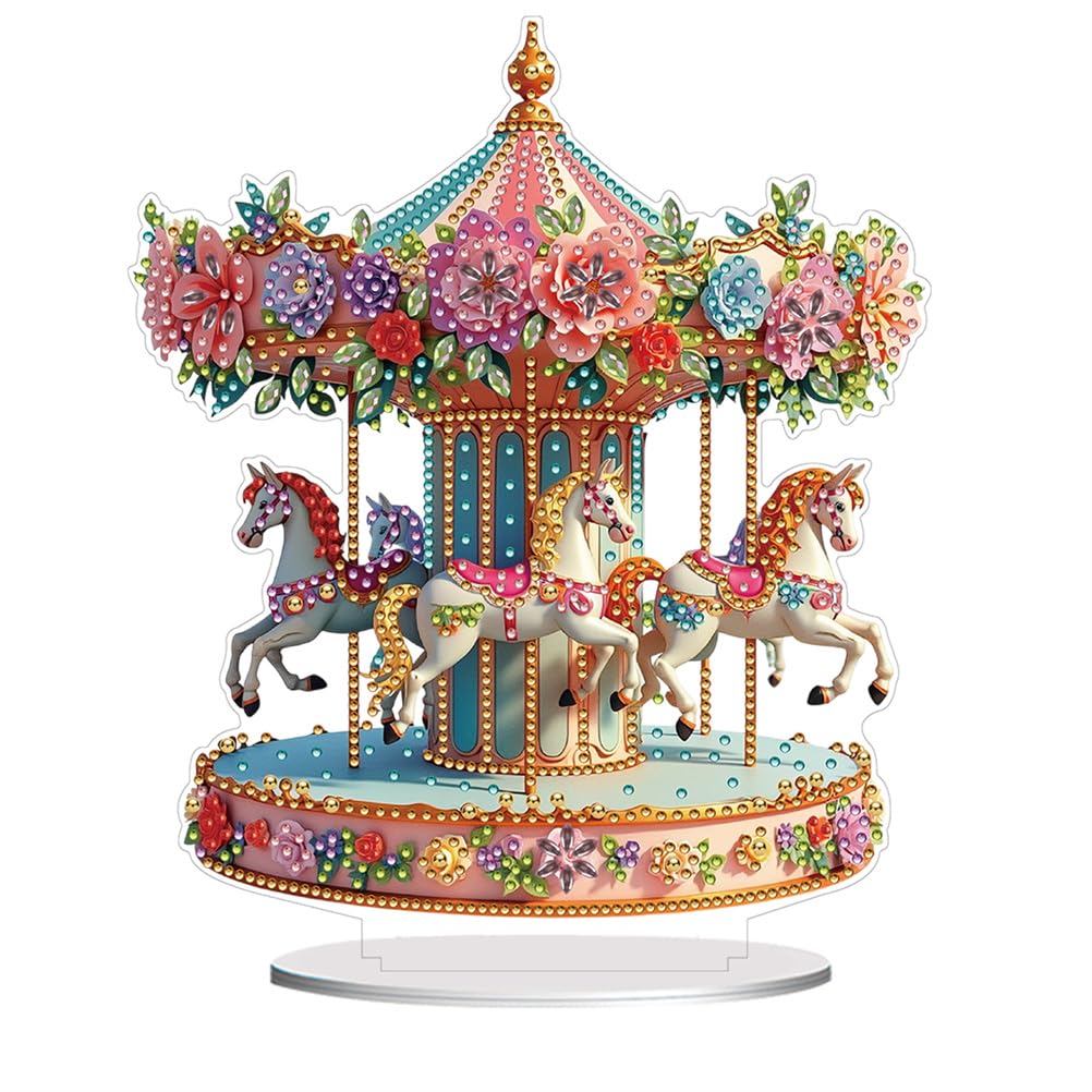 Meecaa Carousel Flower Horse DIY Diamond Desktop Ornament Kit,Special Shaped Crystal Diamond Painting Tabletop Ornaments Single Sided Diamond Home Decor (Carousel)