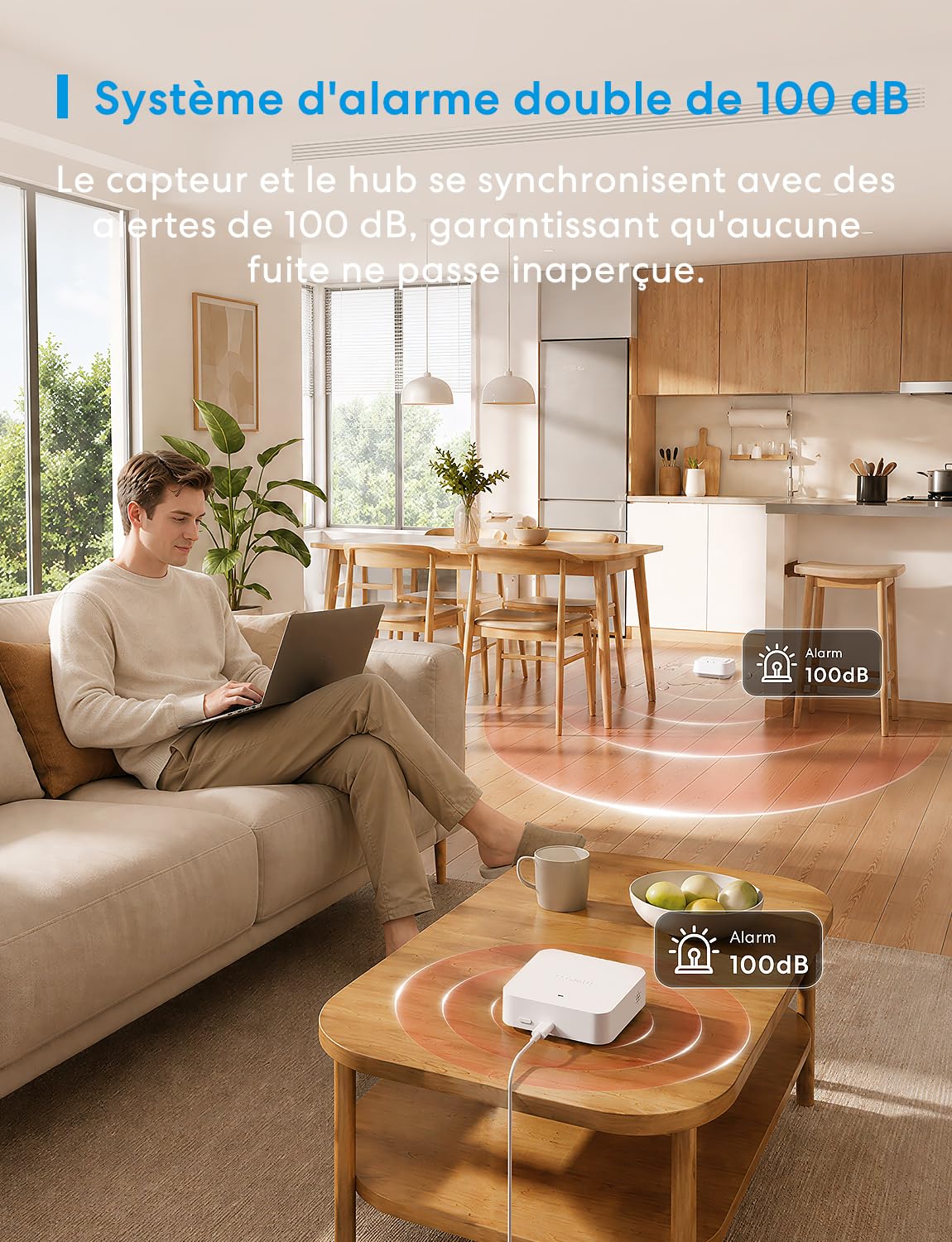 Meross Matter Détecteur de Fuite d'eau Connecté avec MSH450, 100dB Alarm | Capteur de Fuite d'eau Wi-FI Détection 0,3 mm, 100dB Sensor & APP & Hub-Alarm, pour la Cuisine, Salle de Bains et Cantine