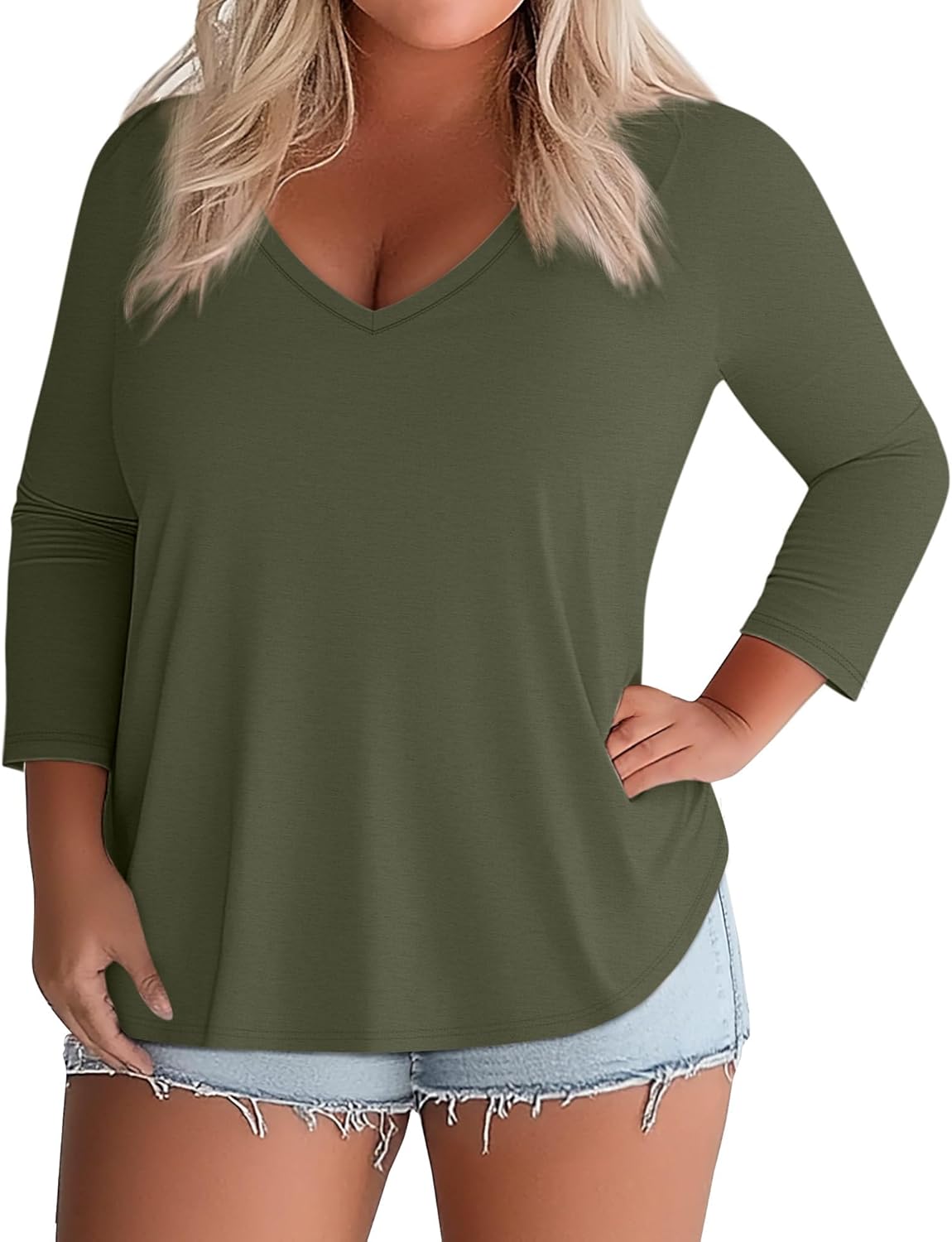 Ficerd 3 Pack Cotton Plus Size 3/4 Sleeve Tops for Women V Neck T-Shirts Casual Loose Fit Trendy Basic Tees Clothes - Image 6