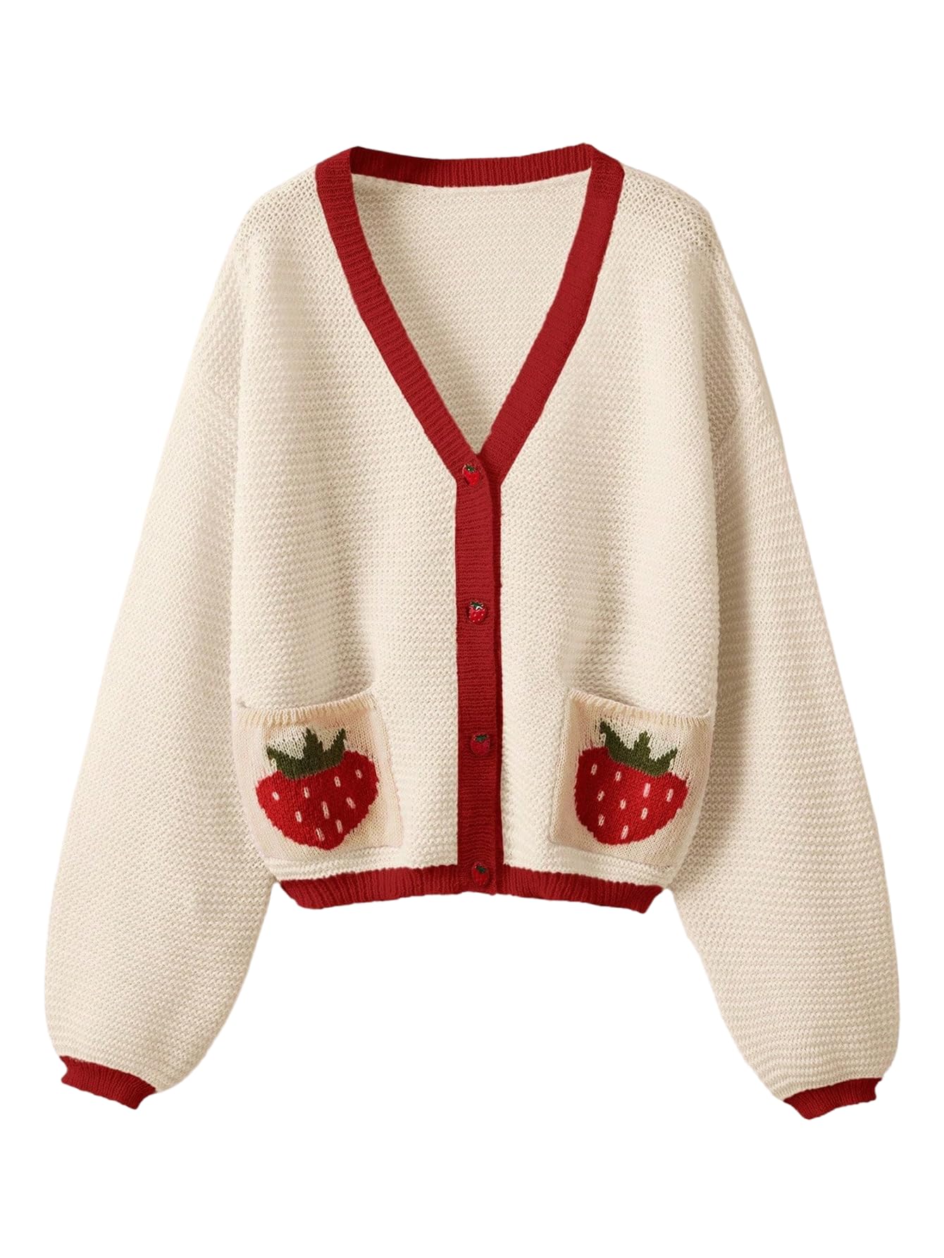 SHENHE Womens Kawaii Strawberry Pattern Cardigan Long Sleeve Open Front Casual Fall Sweater