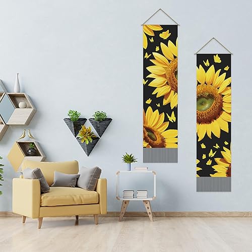 Miniatura 2 de AHANDMAKER 2 tapices de girasol, tapiz vertical de flores de mariposa para colgar en la pared, tapiz de flores amarillas, decoración rústica para