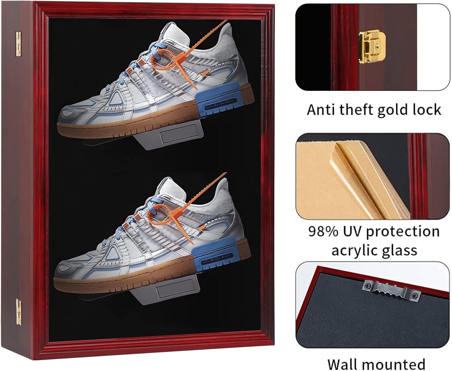 JDECO Shoe Display Case Memorabilia Display Case Shoe Wall Mount Wooden Sneaker Cabinet for Football Basketball Baseball Sports Shoes Display with Anti Fade UV Protection Acrylic Door Lockable : Sports & Outdoors