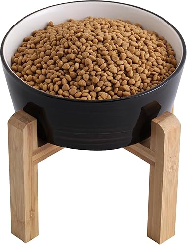 Miniatura 13 de Cuenco negro elevado/alzado de cerámica para perros con soporte de madera para razas medianas y grandes, plato de comida y agua para perros pesado