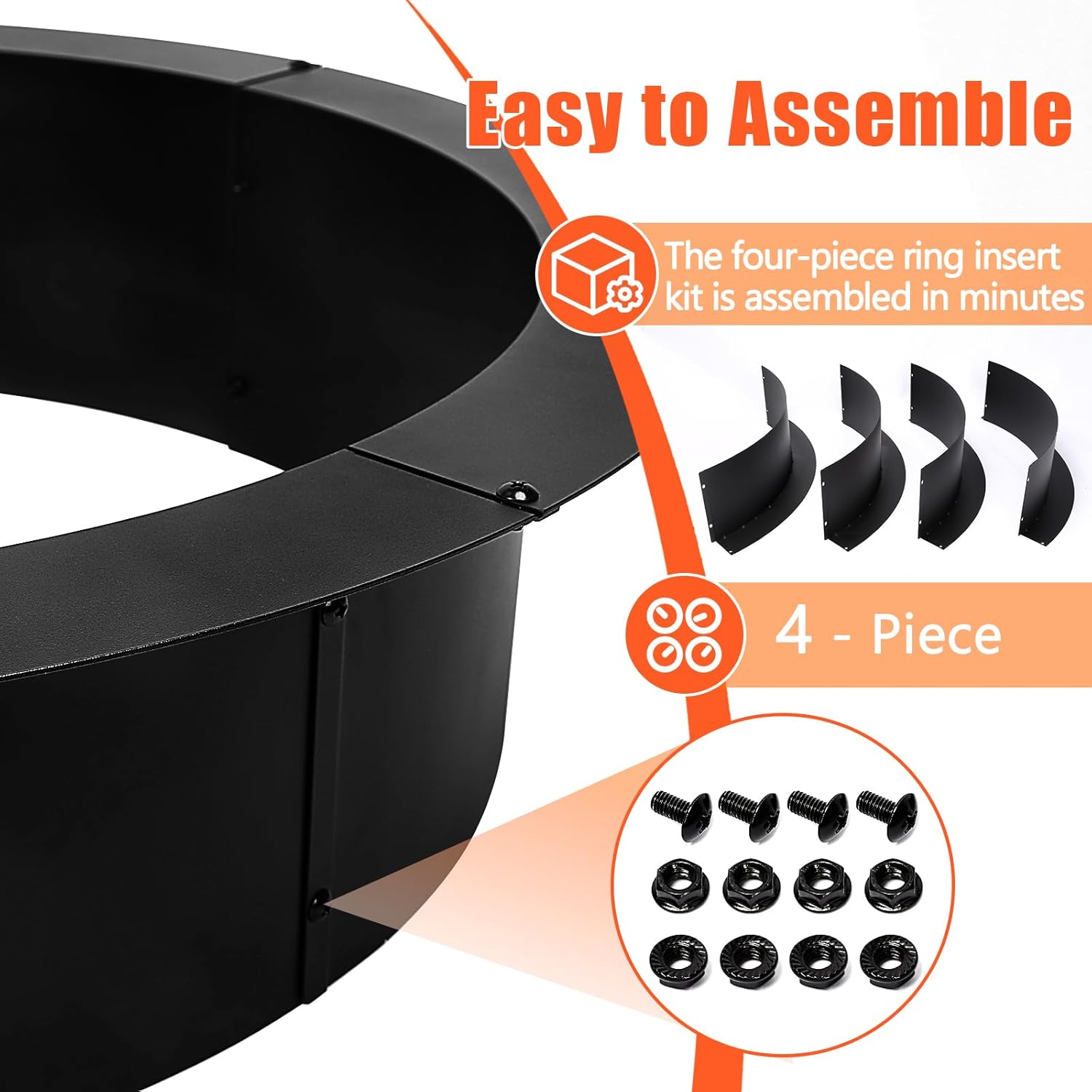 Smokeless Fire Pit Ring 42-Inch Outer/36-Inch Inner Diameter for Outside Fire Pit, Heavy Duty Steel Insert, DIY Ring Insert Accessories, Easy Setup Above or In-Ground for Backyard, Camping, Black