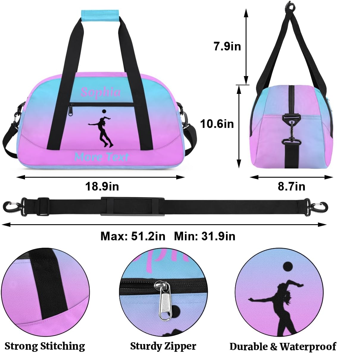 Personalized Kids Duffle Bag for Girls, Custom Sport Gym Bag with Name, Fit School Practice, or Overnight Weekender Travel Pink Volleyball