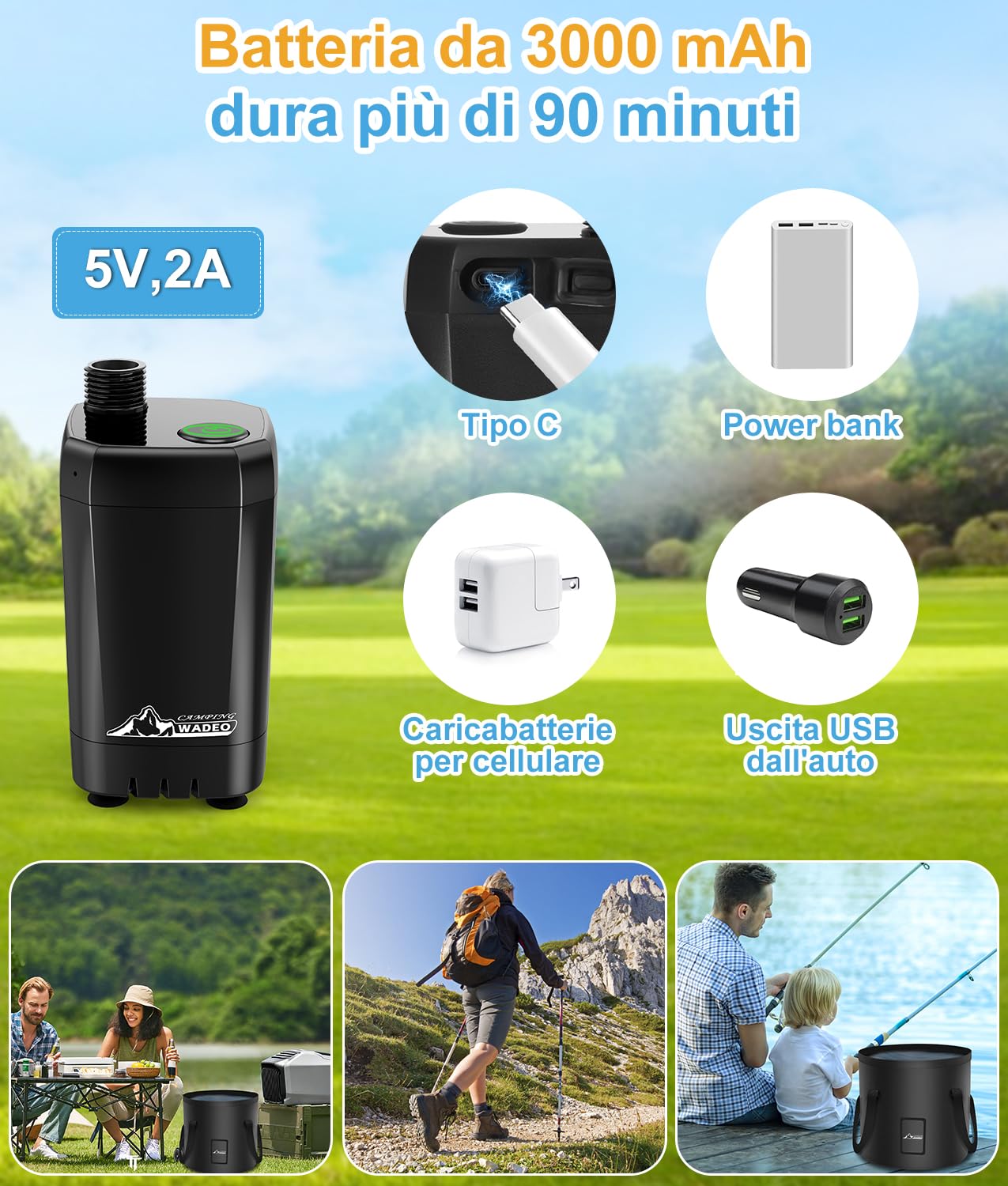 WADEO Doccia da Campeggio, [Secchio Pieghevole da 20L] [6000mAh] Pompa Doccia a Batteria Ricaricabile, Doccia Portatile per Spiaggia, Animali, Auto, Giardino
