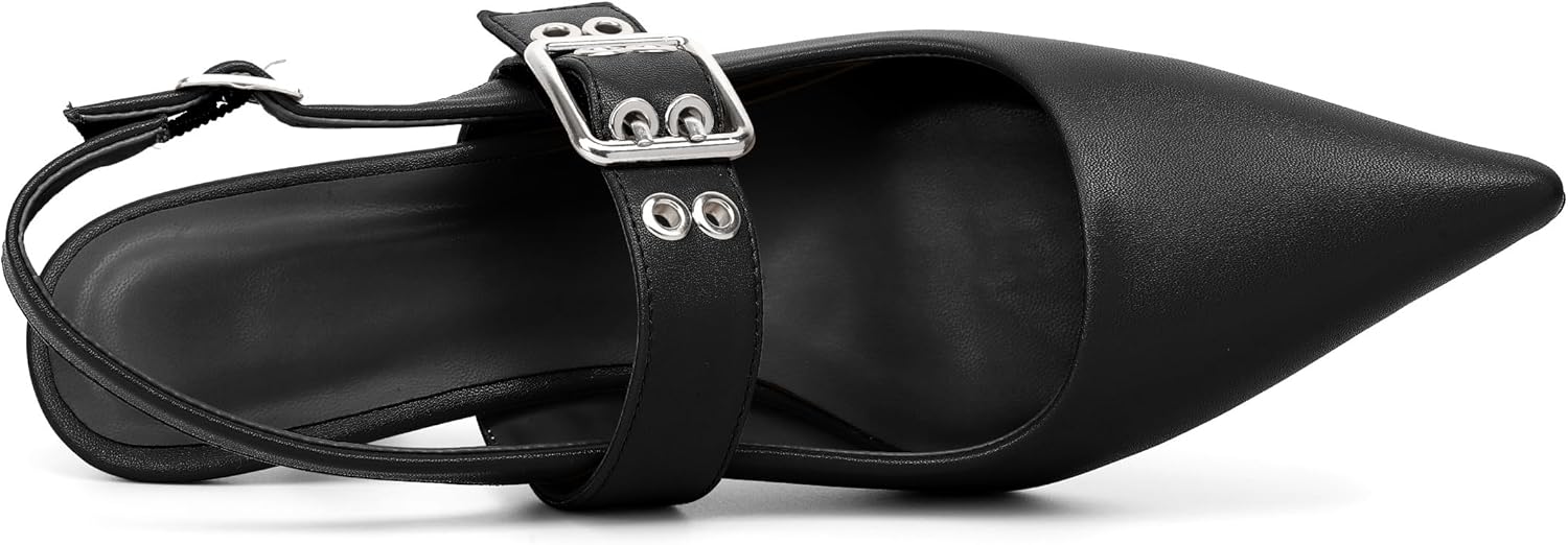 Esvowido Kitten Heels for Women Pointed Closed Toe Slingback Pumps Ankle Strap Metal Buckle Low Heels Wedding Prom Work Date Dress Shoes - Image 6