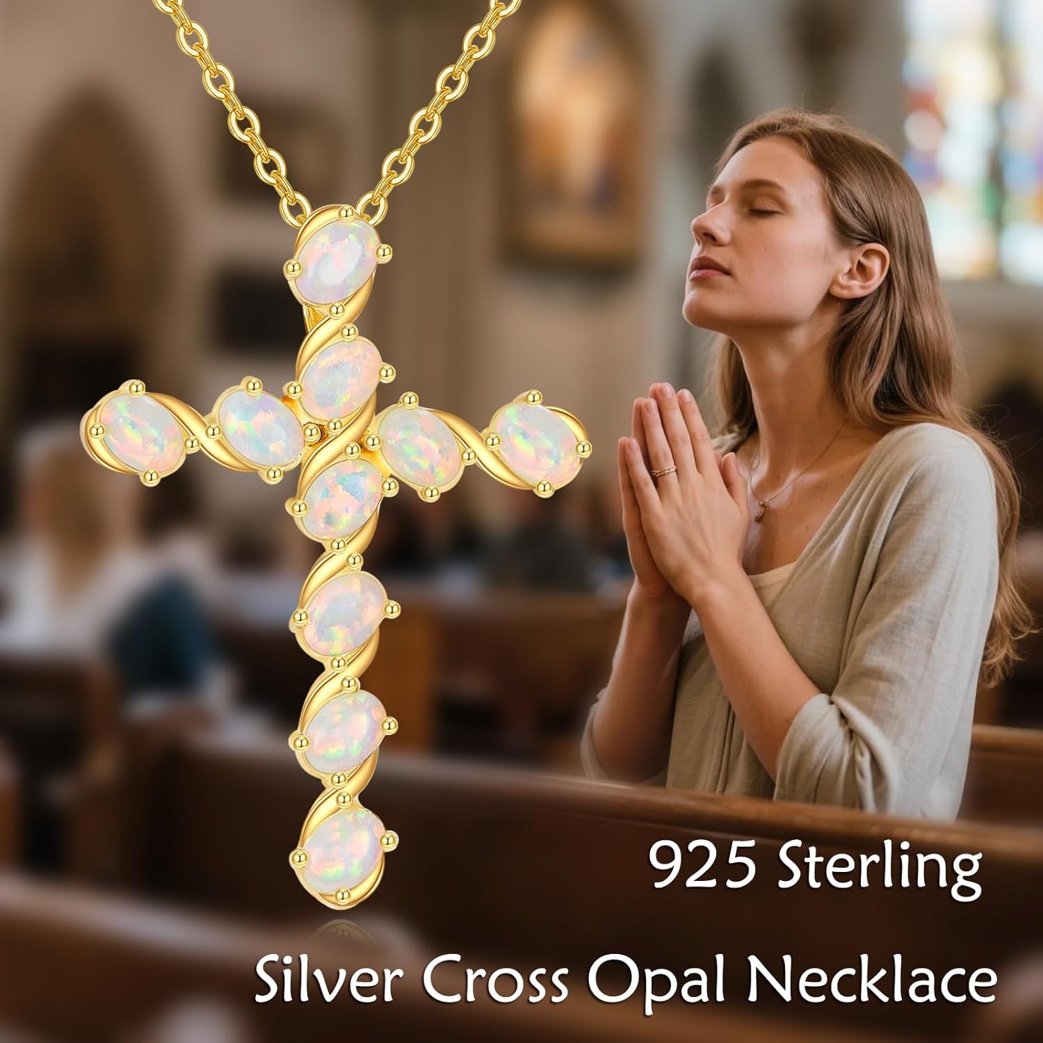 14k Gold Plated Genuine Opal Cross Necklace For Women, Vintage Christian Faith Cross Jewelry, 18 Inches With 2 Inches Extension - Image 6