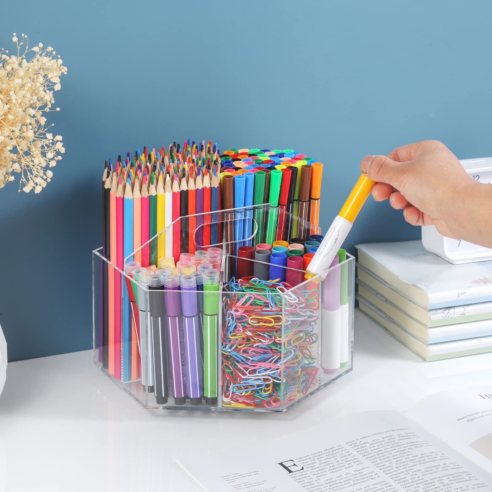 Hiborateed Roterende Potloodhouder Voor Bureau, 5 Sleuven 360 Graden Draaiende Acryl Pennenhouder Markeerhouder Caddy Art Supply Organizer Pen Bureau Kantoor Thuis 2116509016