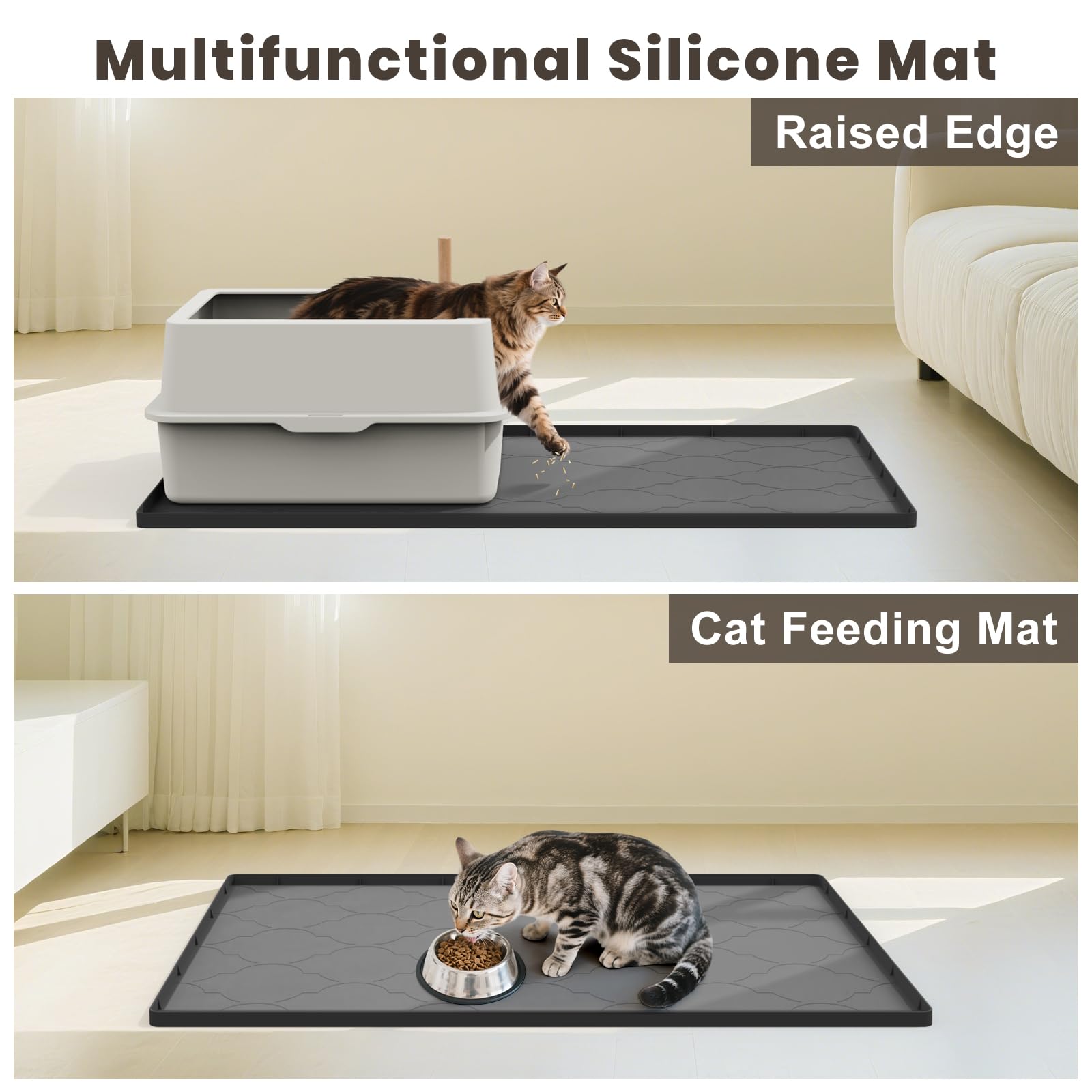 KIXCVDM Tappetino Lettiera Gatto in Silicone,Taglia Grande Tappeto Lettiera Gatti, Facile Da Pulire,Morbido Sulle Zampe Del Gatto,Impermeabile,Anti-Urina,Tappetino con Bordo (Nero, L)