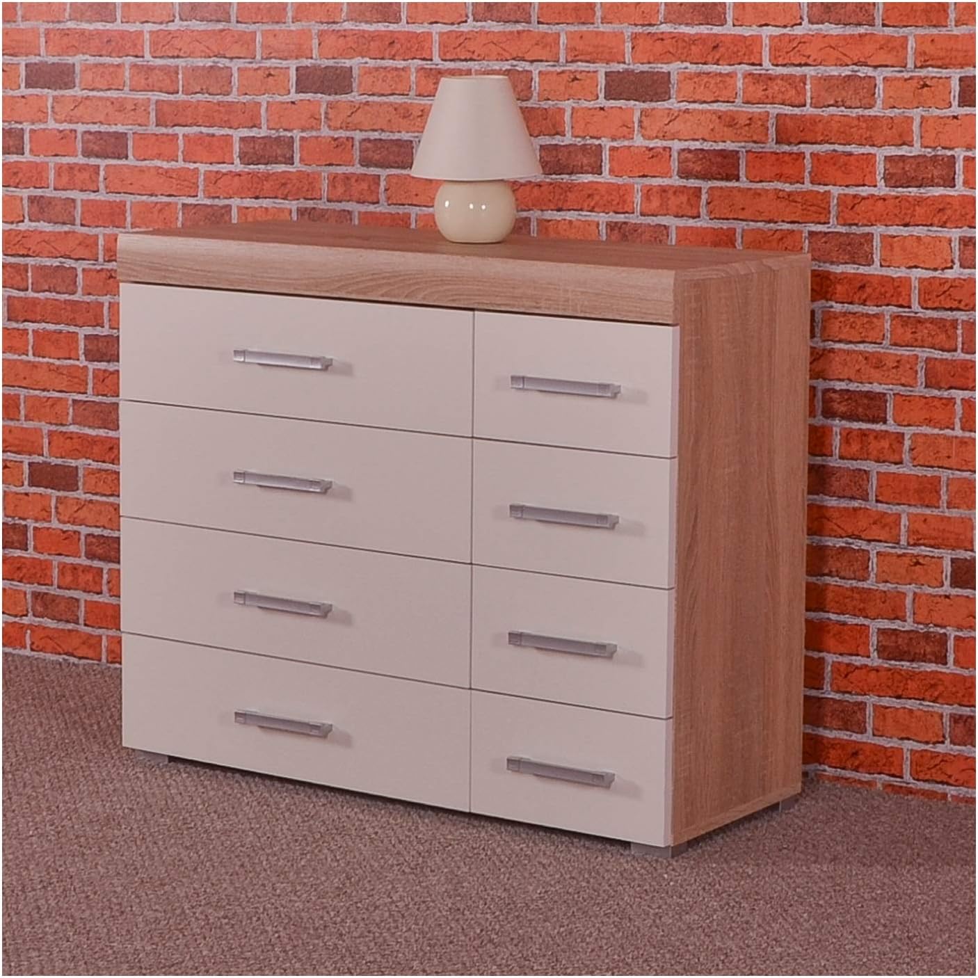 DRP Trading Wide Chest of 4+4 Drawers in White & Sonoma Oak Bedroom