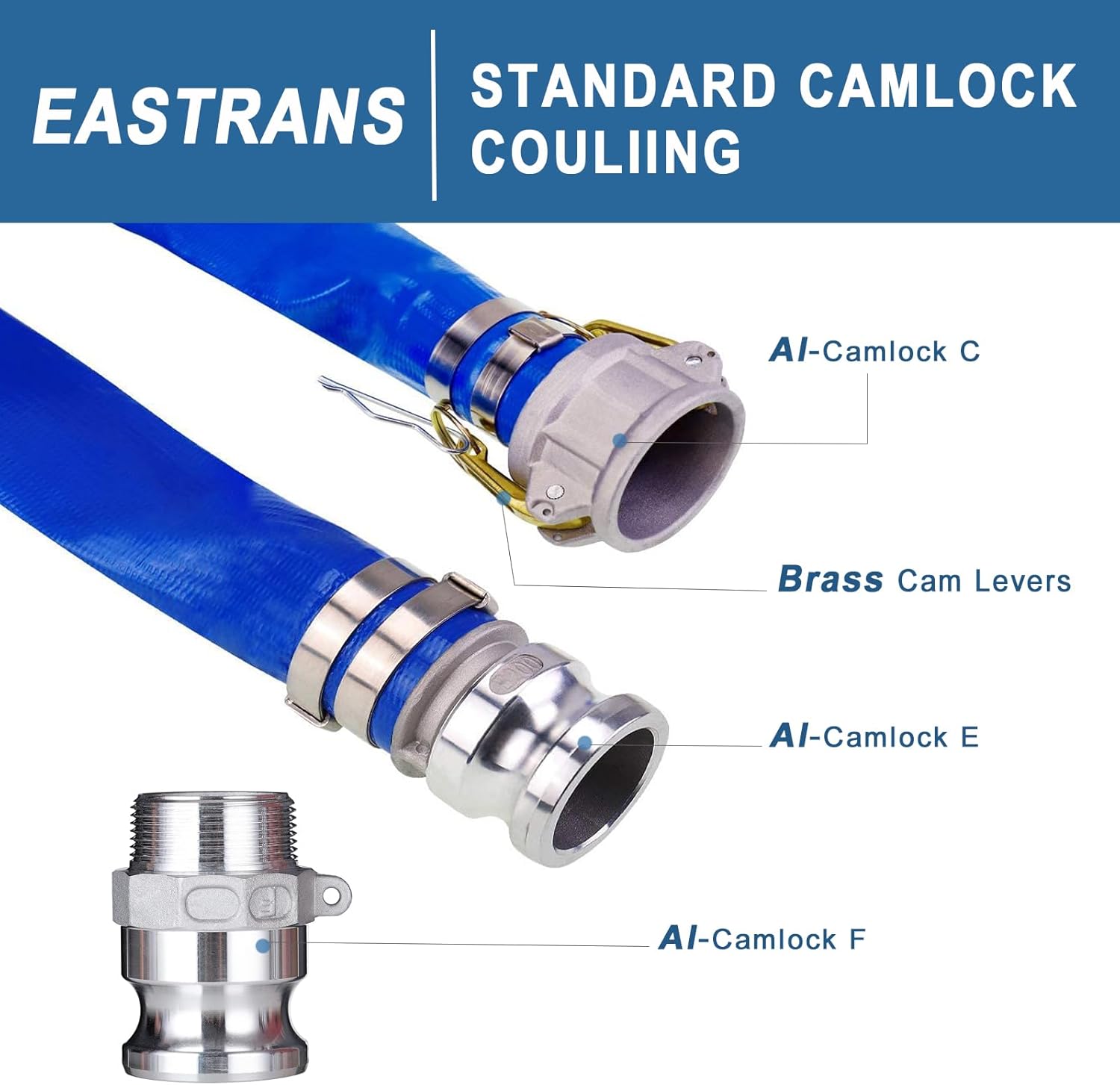 1.5" x 100' Blue PVC Backwash Hose with Camlock C and E Fittings, Cam Lock Fitting Type F included Heavy Duty Discharge Hose, Durable Reinforced Pool Drain Hose for Swimming Pools