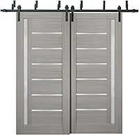 Vista 12 de Puertas corredizas de 48 x 96 pulgadas Quadro 4088 gris Nebraska con vidrio esmerilado Juego de herrajes resistentes de 6.6 pies Puertas