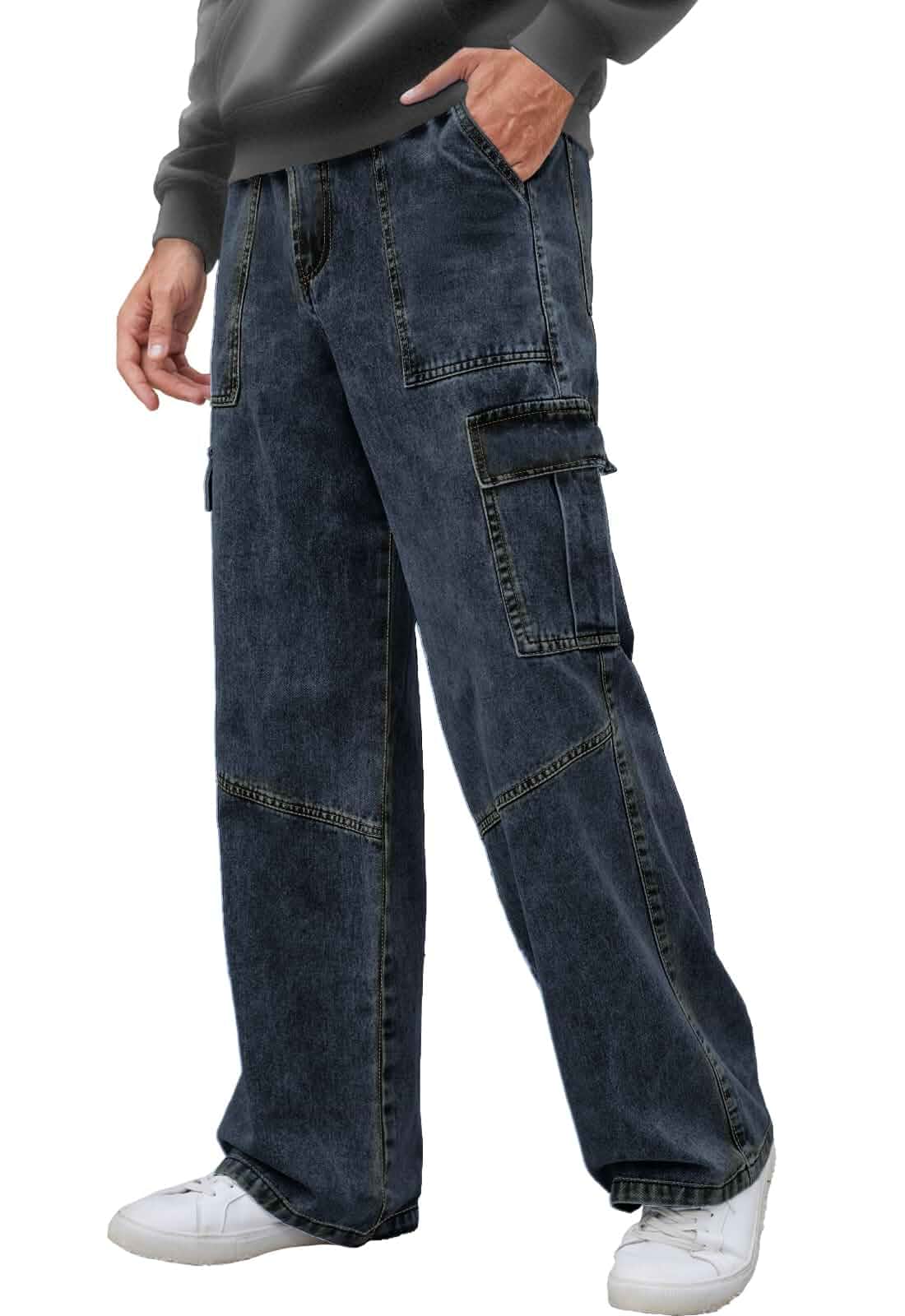 Mens Baggy Cargo Jeans Elastic Waist Denim Pants for Men Women Skater, Streetwear, Y2k, Unisex, Plain Pants, Multiple Pockets, Casual Wide Leg Loose Fit