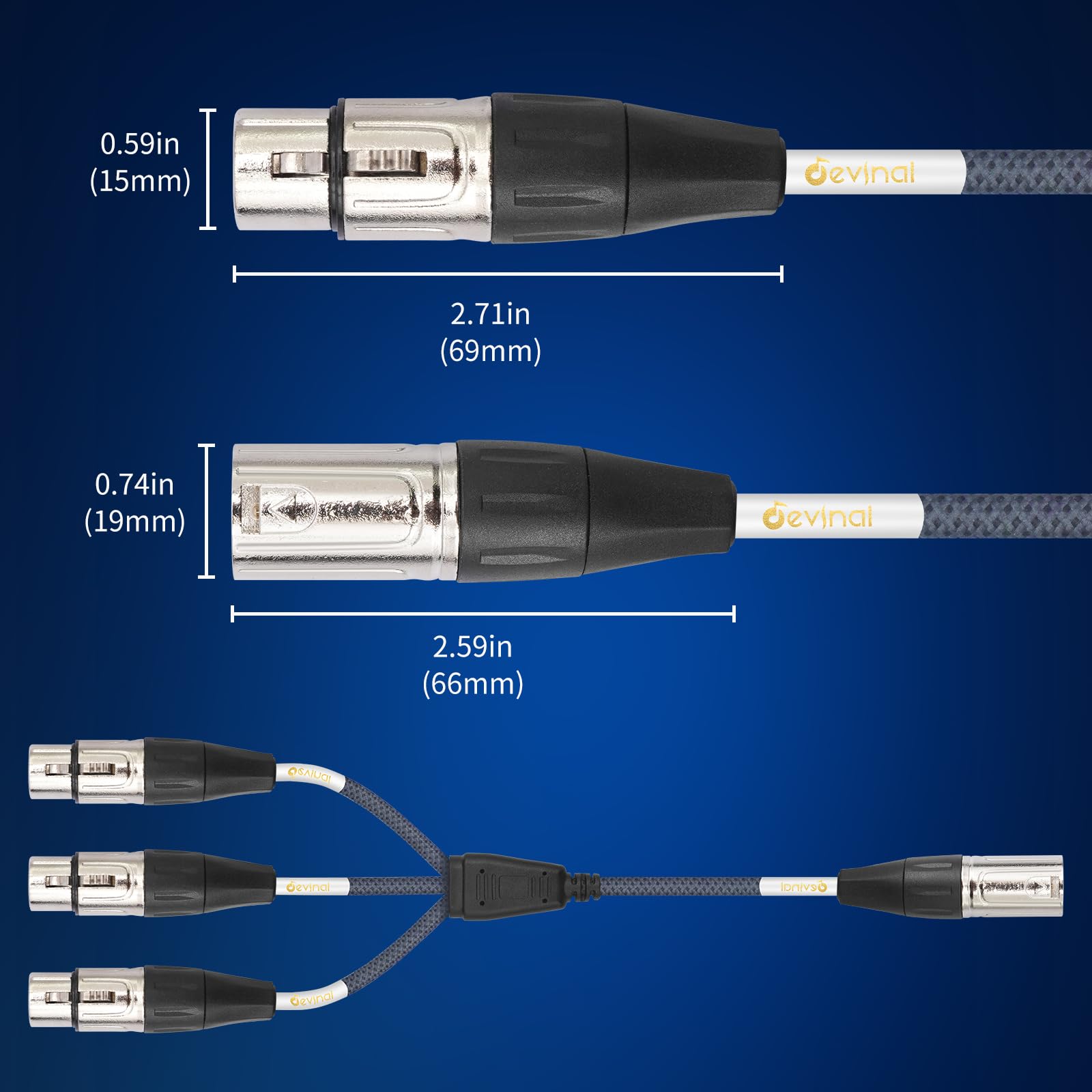 XLR 3 Way Splitter Cable, Devianl 1 Male to 3 Female XLR Split, Balanced Microphone 3 in 1 Cord Adapter Combiner, 2 FT