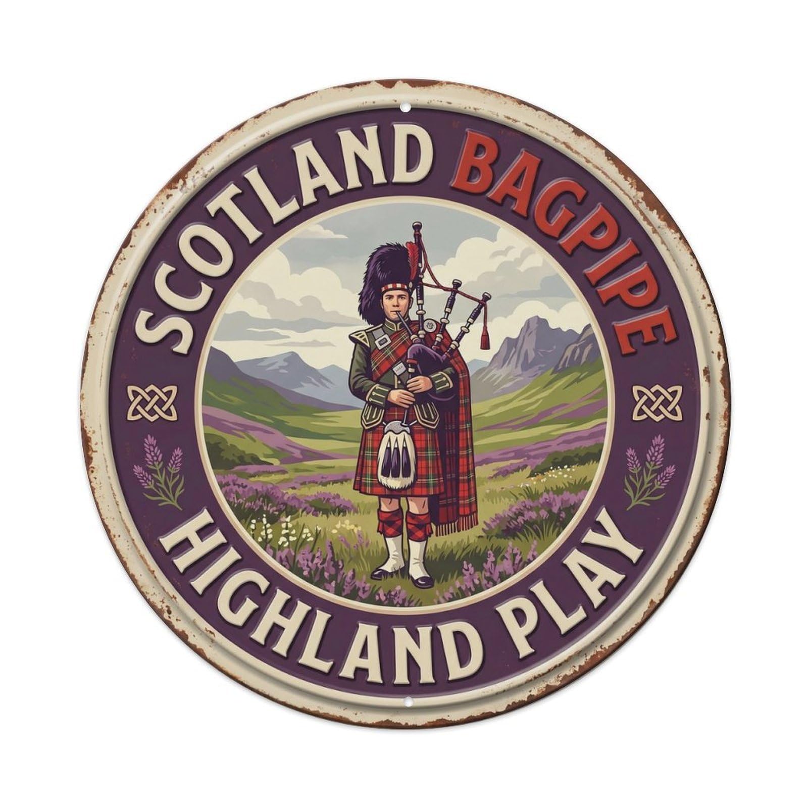 Bagpipe Highland Play Scotland Music Metal Tin Sign Plaque Wall Decor for Cafe, Club, Garden Round Metal Poster 8x8Inch