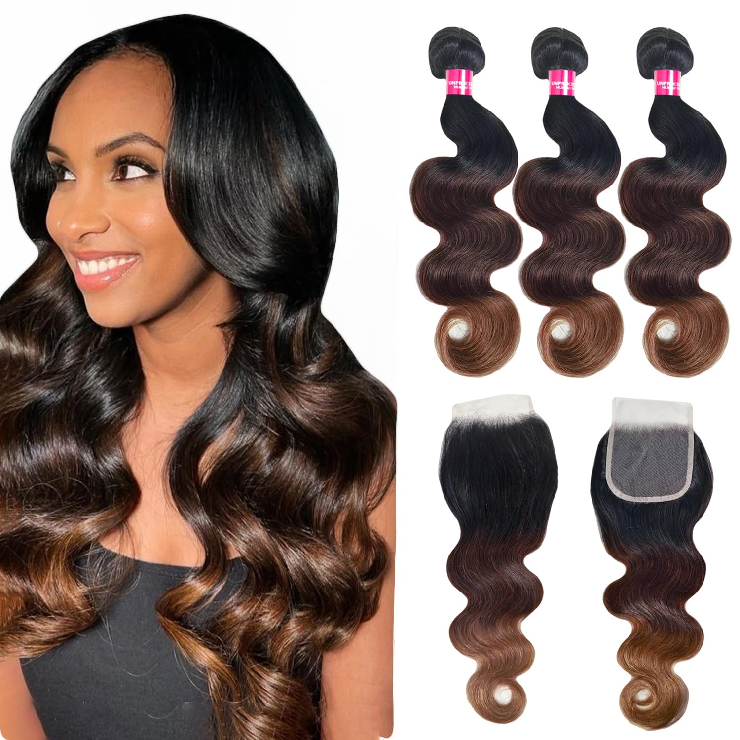 1B/2/4 Ombré Body Wave Human Hair Bundles With Closure 20 22 24+20 inch Ombré Brown Bundles Human Hair With 4X4 Lace Closure Free Part 3 tone Black to