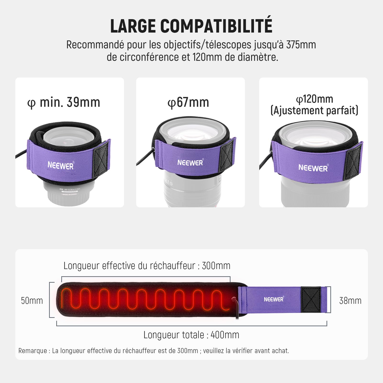 NEEWER 16"/400mm Chauffe-Objectif USB pour Télescope, Bande Chauffante Anti-Buée,3 Niveaux de Température, Empêche Condensation de Rosée pour DSLR Caméra sans Miroir Jumelles Astrophotographie, HW-29B
