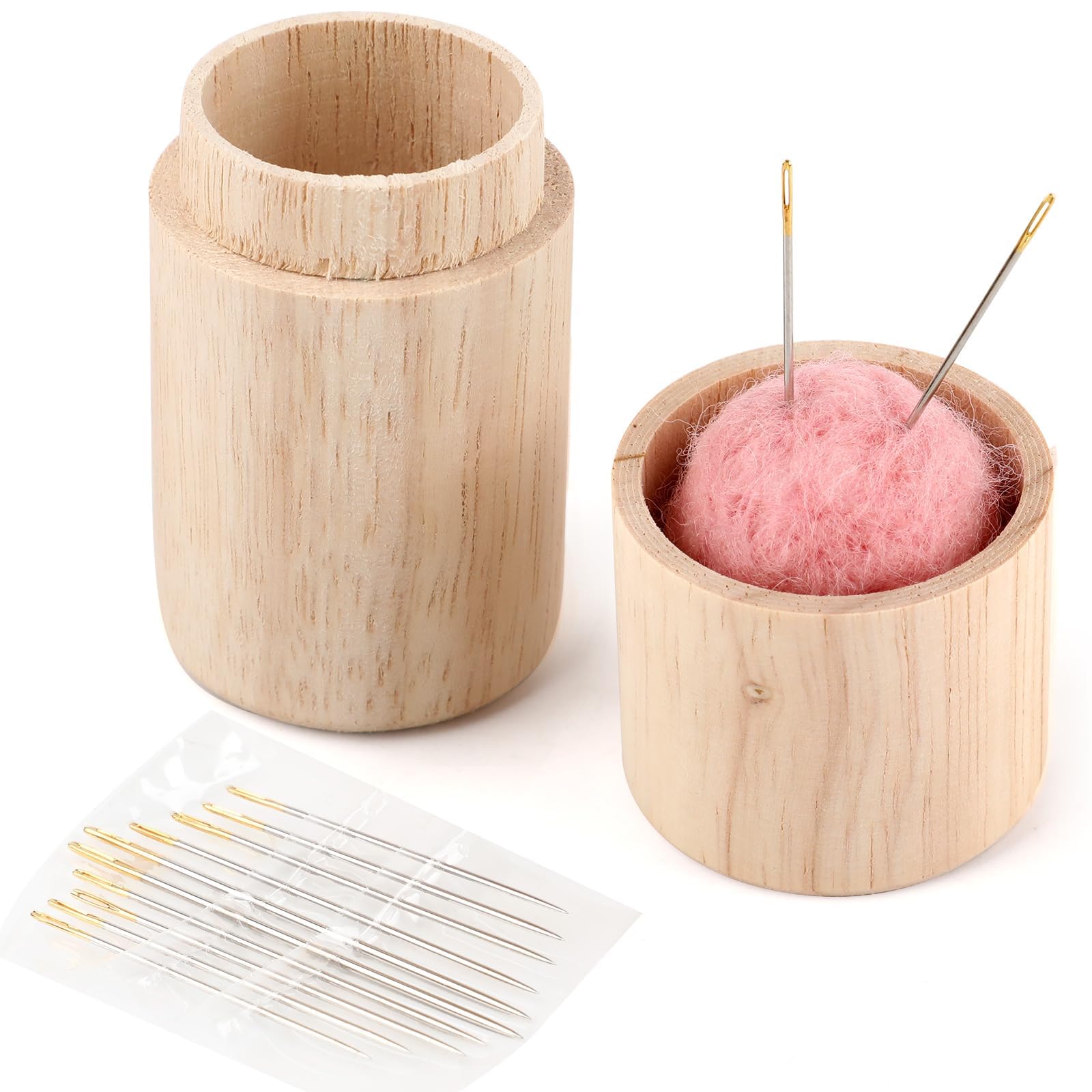 Wooden Sewing Needle Case with 12 Needles and Pin Cushion, Portable Travel-Friendly Needle Storage Box with Large Capacity for Embroidery, Knitting & Sewing Essentials(Pink)